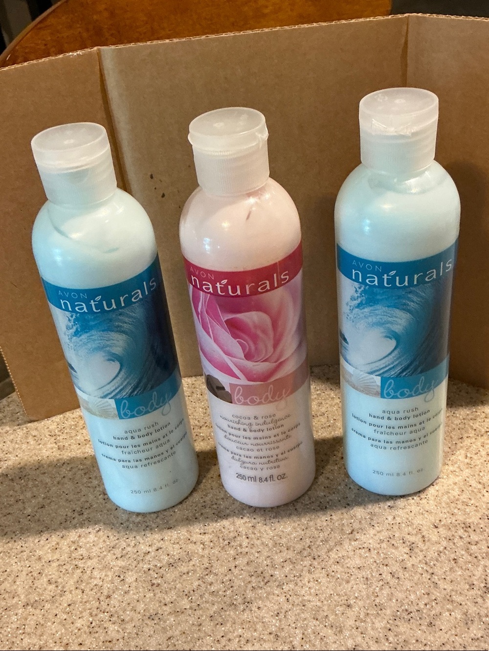 3 NOS Avon Naturals Hand & Body Lotion Aqua Rush/Cocoa & Rose 8.4oz Sealed
